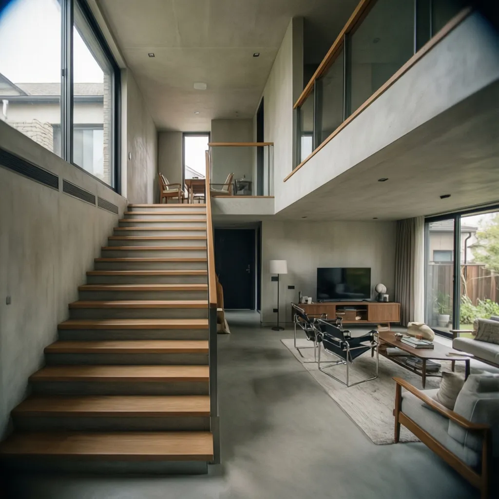 Casa moderna en desnivel con escaleras cortas entre zonas