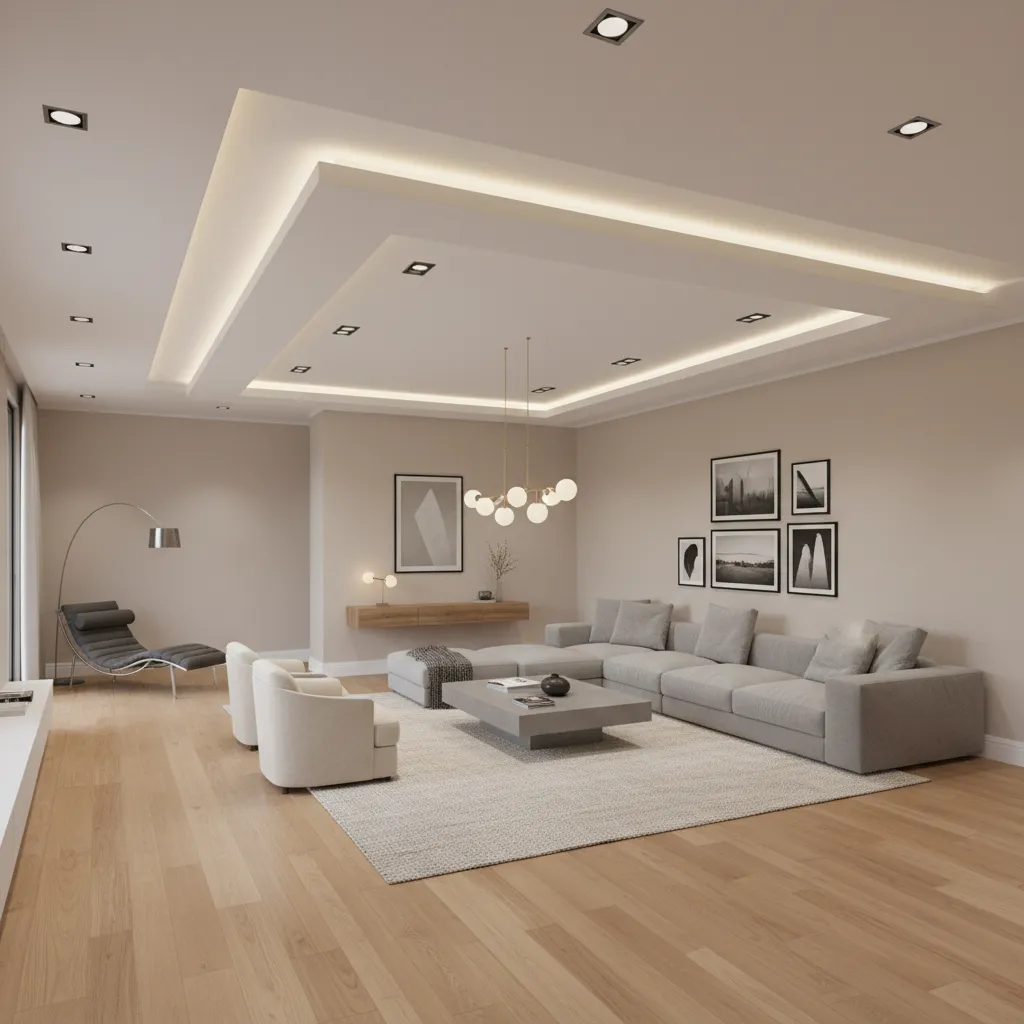 Split level gypsum false ceiling dividing two zones in an L shaped living room