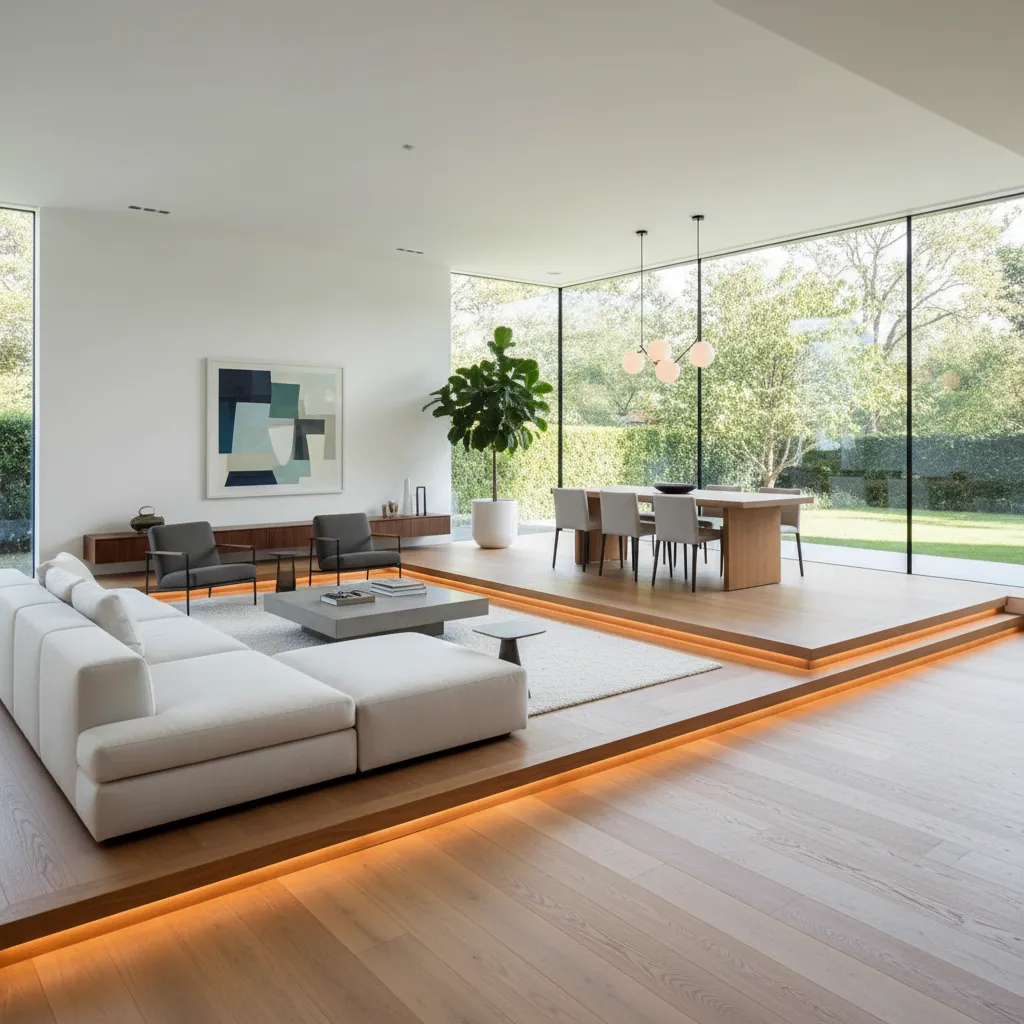 Salón hundido conectado con comedor en nivel superior