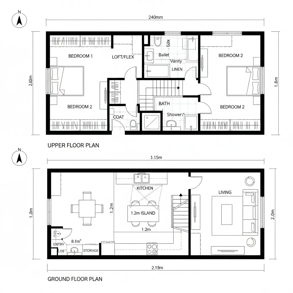 Two floor interior design drawing showing ground floor kitchen island and upper floor bedrooms with bathrooms