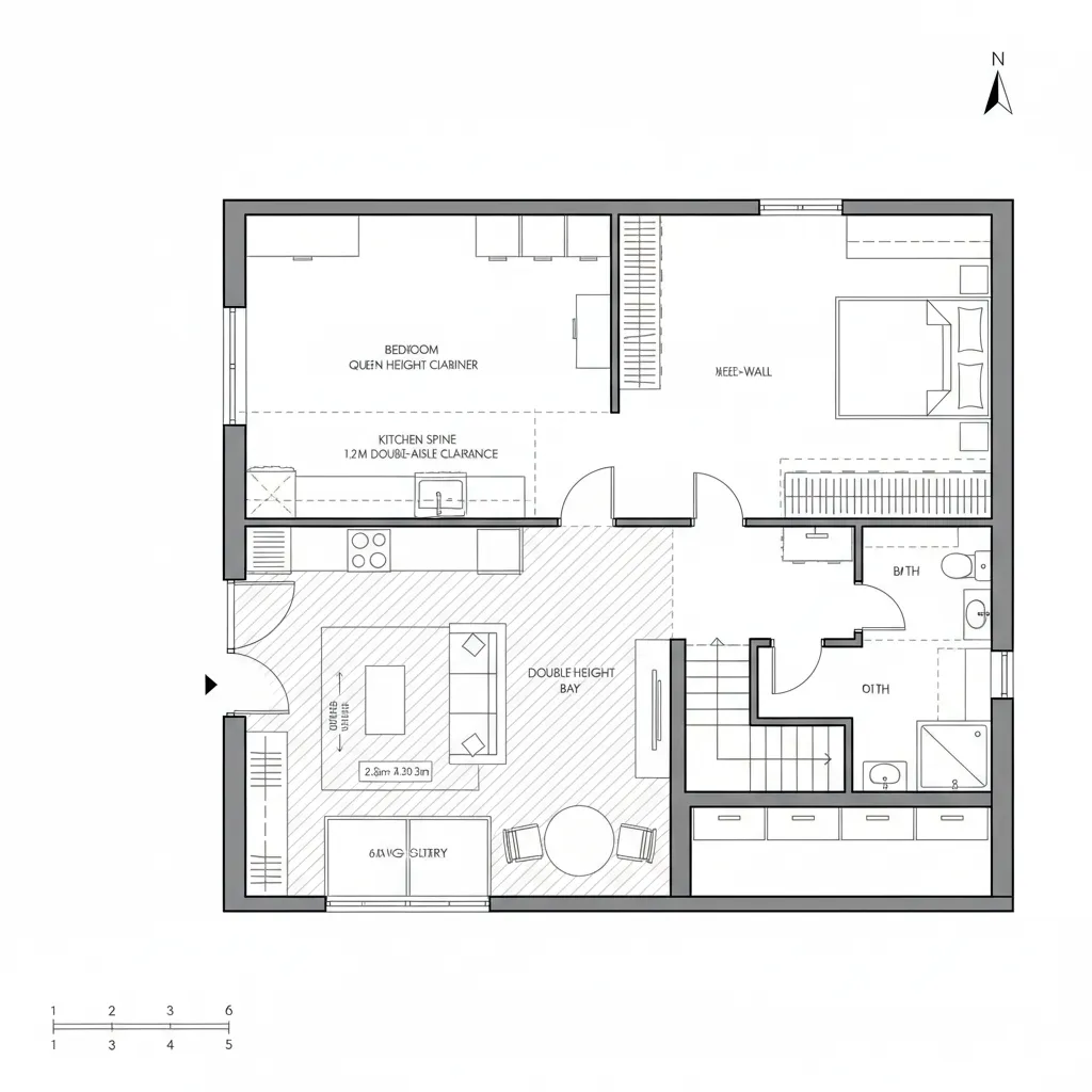 Top-down CAD plan showing mezzanine bedroom over double-height living ring with kitchen spine