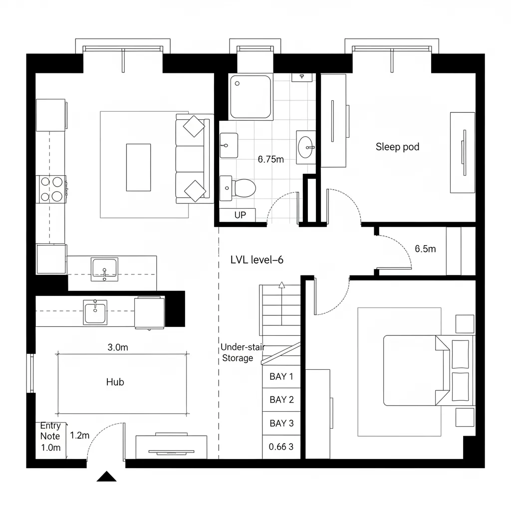 Black and white floor plan showing a living room sleep pod bathroom stairs and hub area