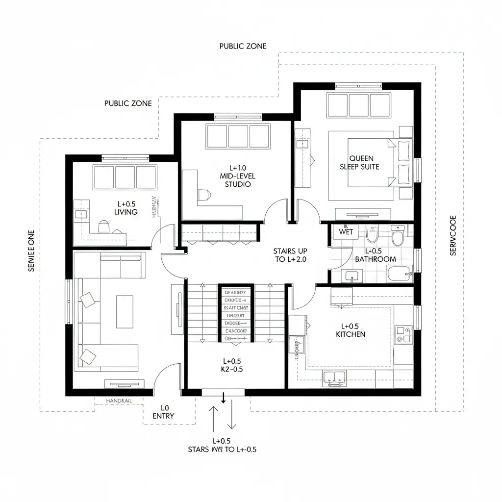 Top-down CAD split-level plan showing graded privacy from entry to living, kitchen, studio, and sleep