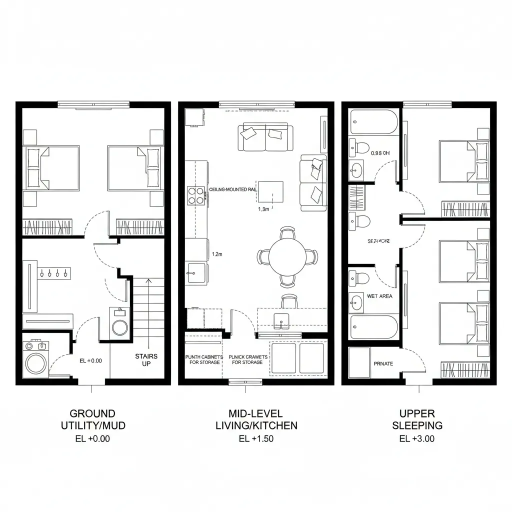 Top-down CAD plan showing split-level utility, living, and loft