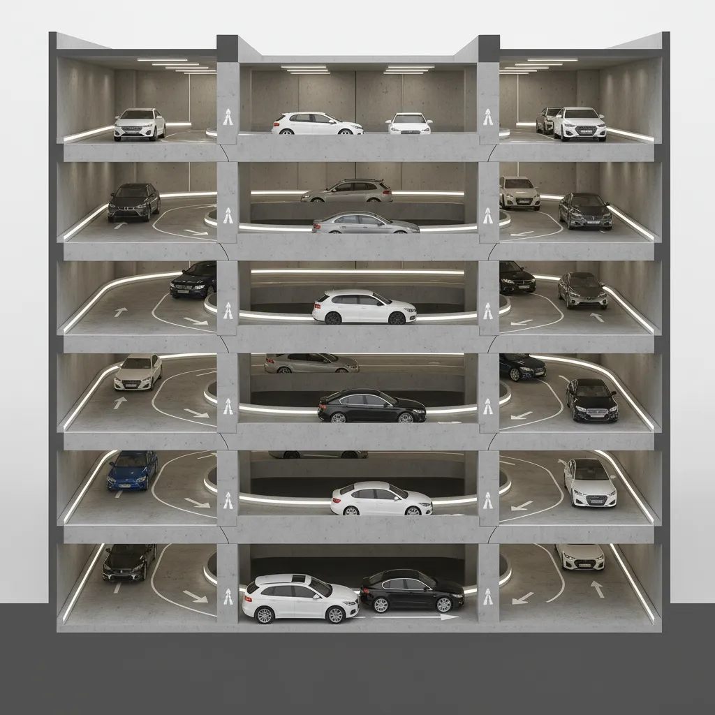Split level basement parking ramp design connecting half levels