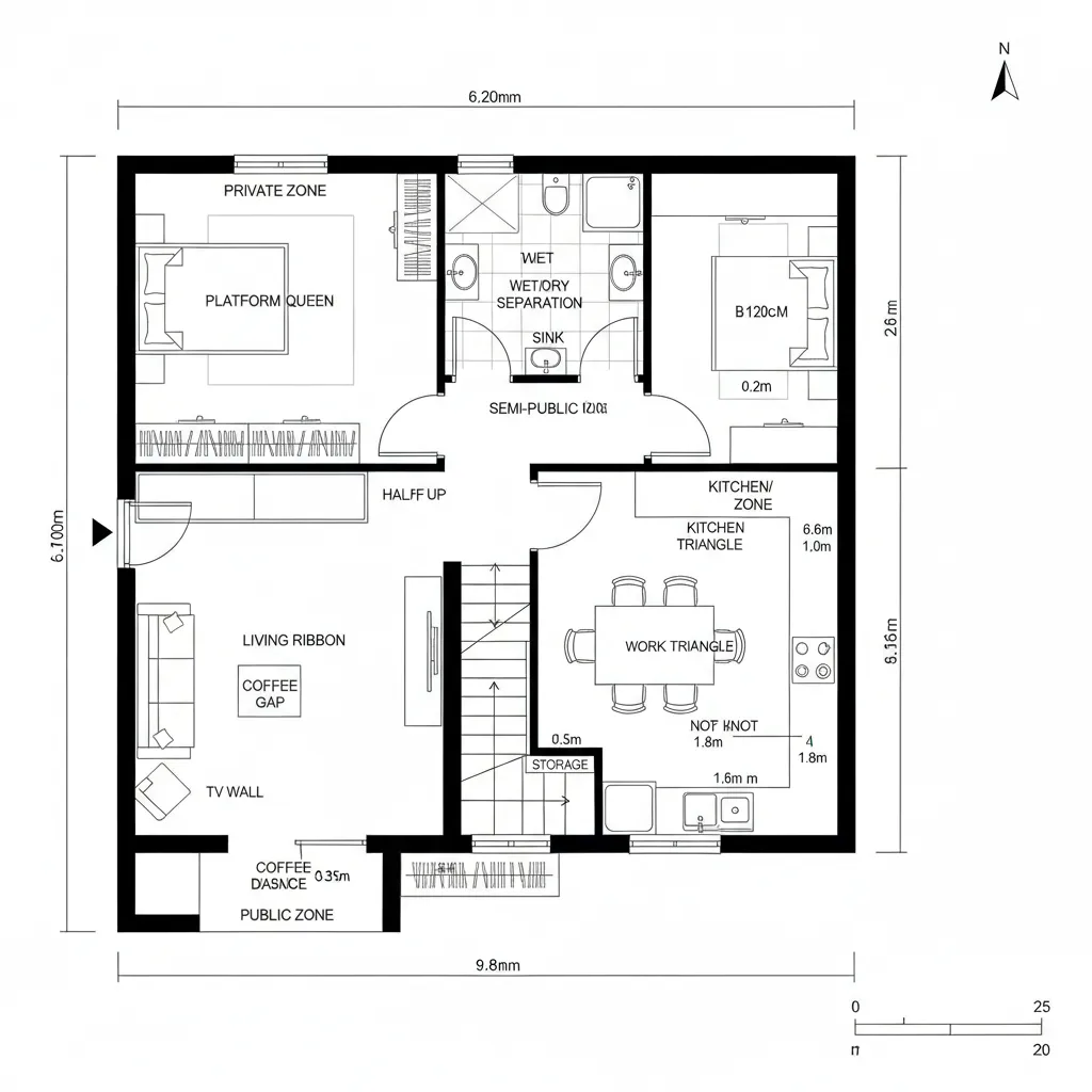 Split-level ribbon floor plan with tiered living, kitchen, and sleep zones