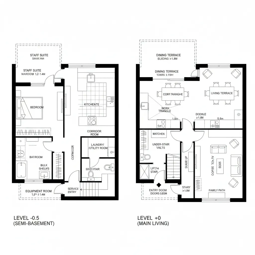 Top-down CAD plan of split-level villa with semi-basement staff quarters and terrace living