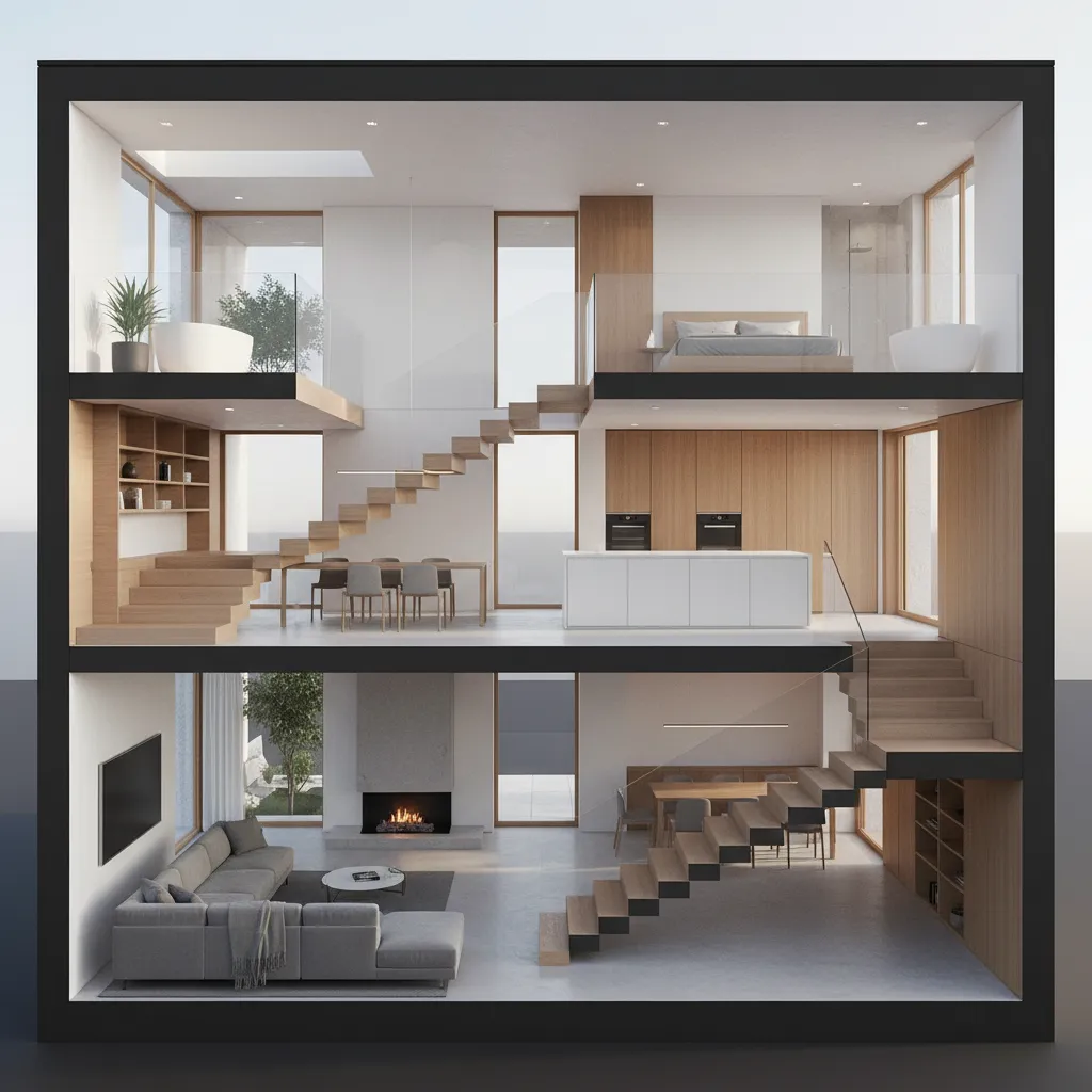 Visualización arquitectónica de una casa en desnivel mostrando diferentes niveles