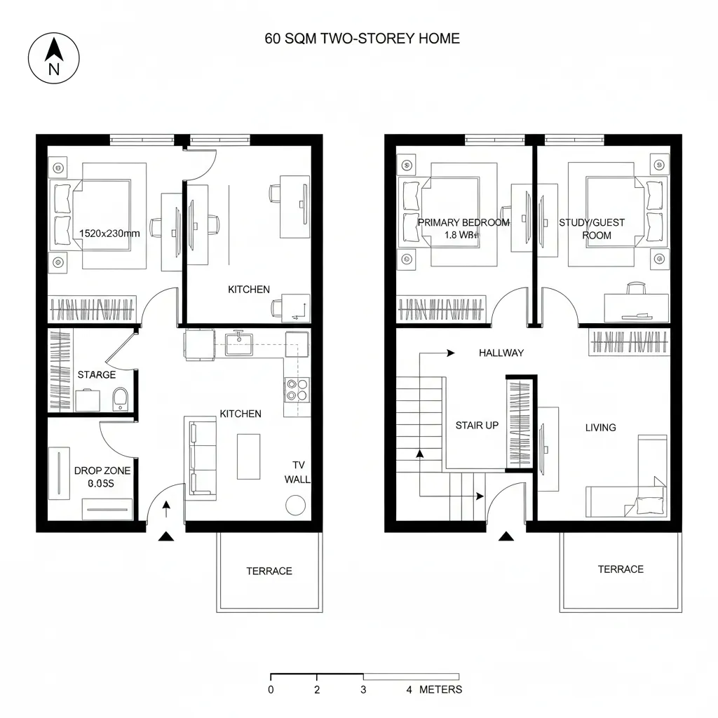 Top-down CAD plan of split-level social ground floor with quiet upper rooms