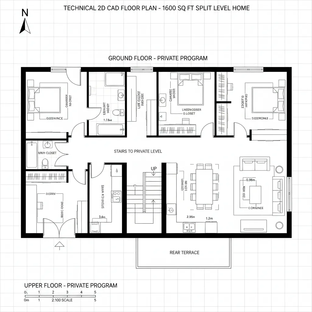 Top-down 2D plan of split-level home with public ground floor and quiet upper bedrooms