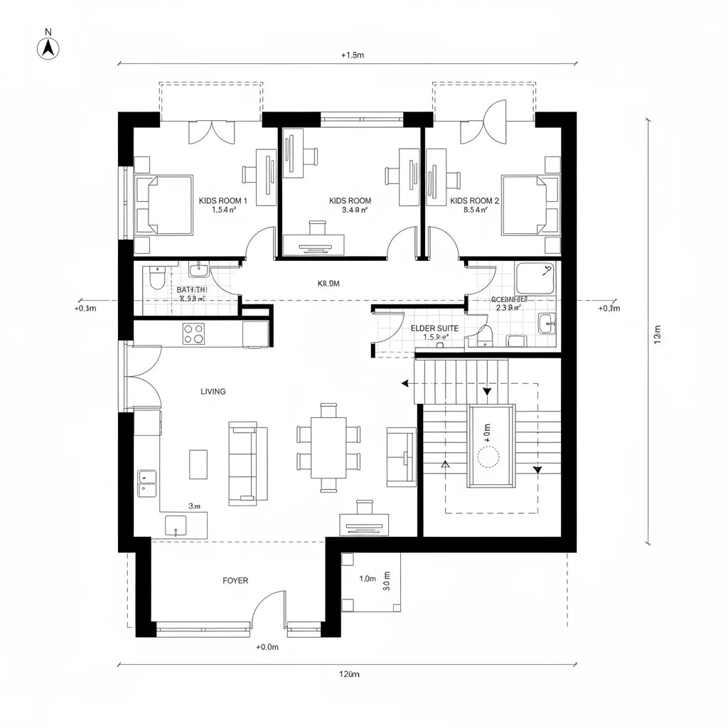 Top-down CAD plan of split-level multigenerational stack with half-flight separations
