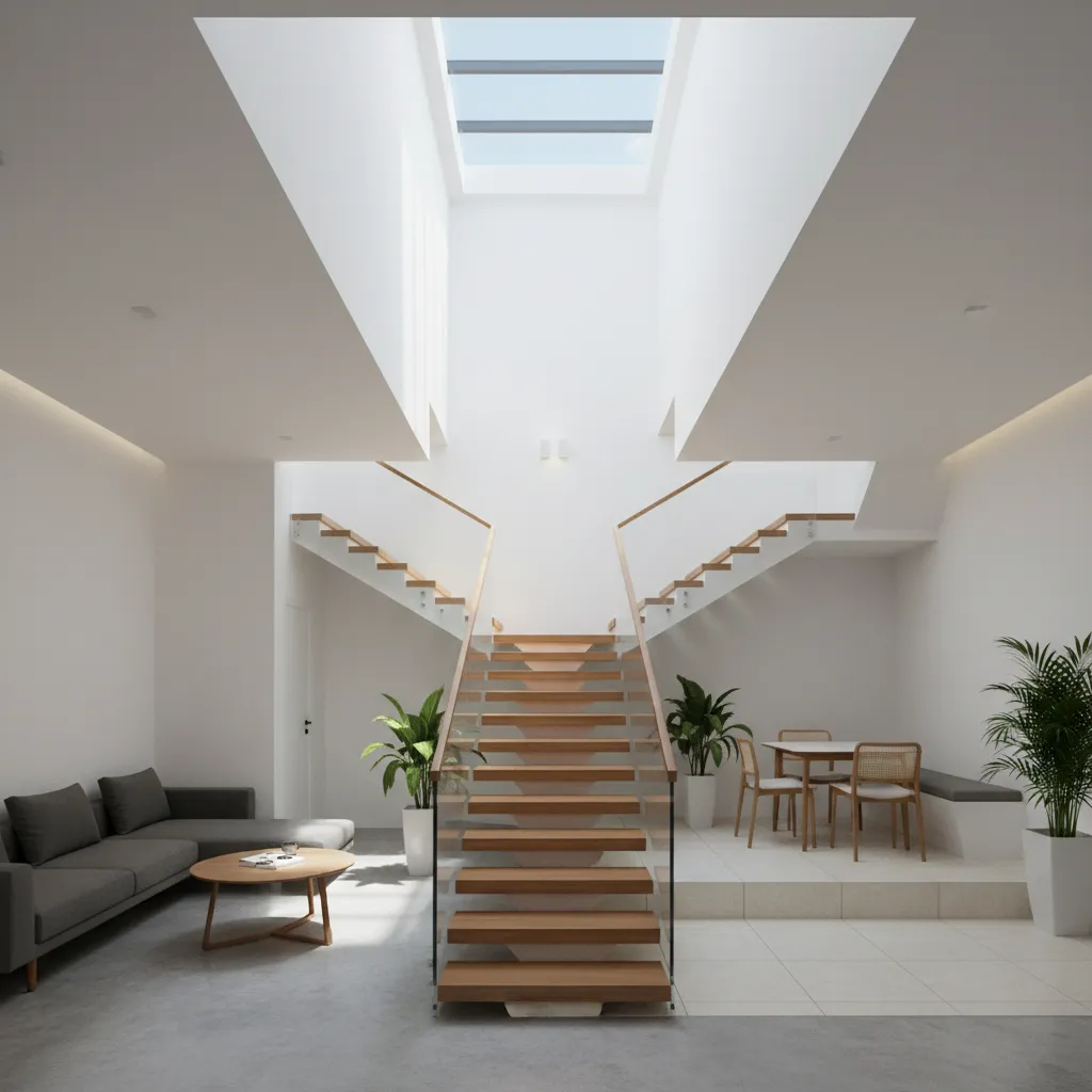 cầu thang trung tâm trong nhà lệch tầng
