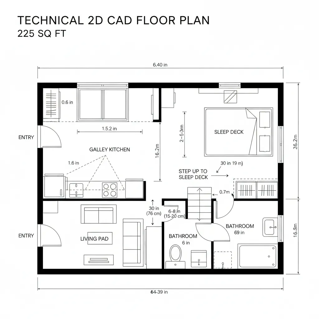 Top-down CAD plan with raised sleep deck dividing modes