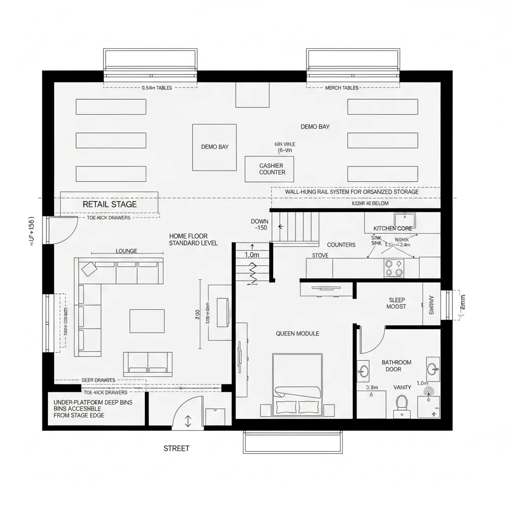 2D CAD plan showing raised retail stage at front and recessed home zone at rear
