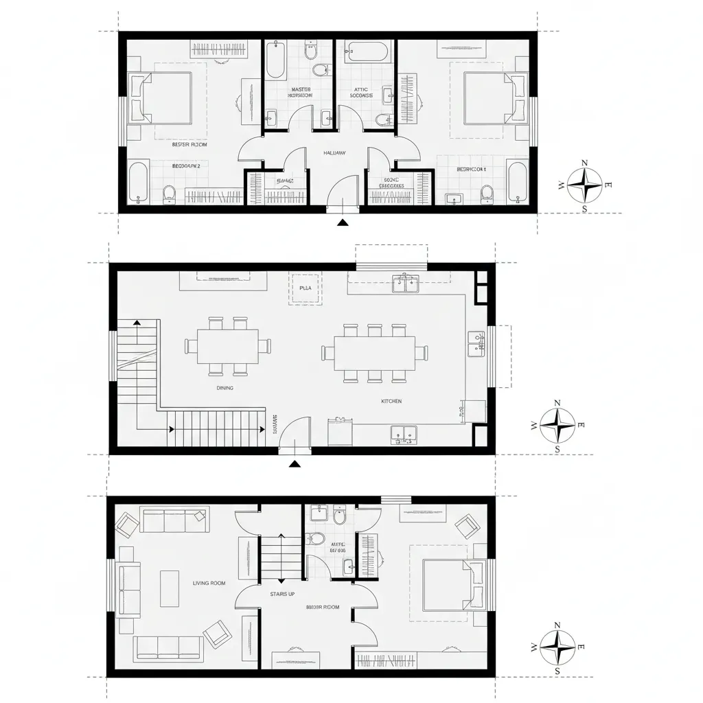Top-down split-level CAD plans showing tiered public and private zones