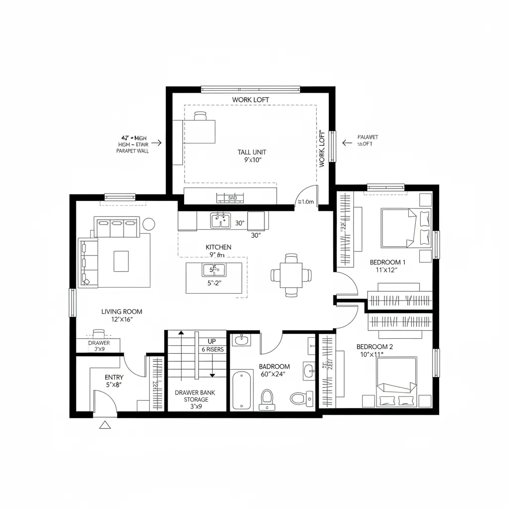 Top-down CAD plan of split-level home with work loft and compact bedrooms
