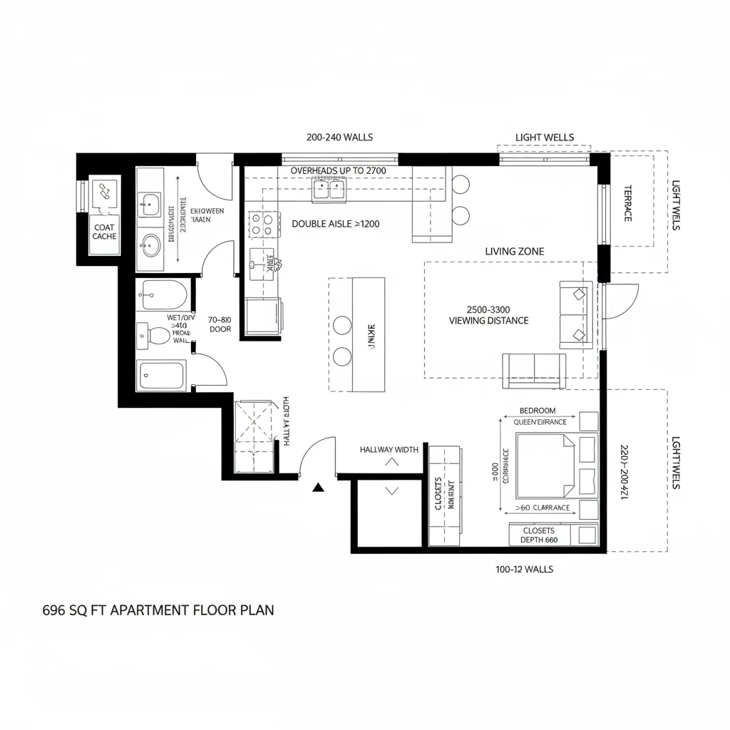 Top-down CAD plan showing split-light living and efficient galley kitchen