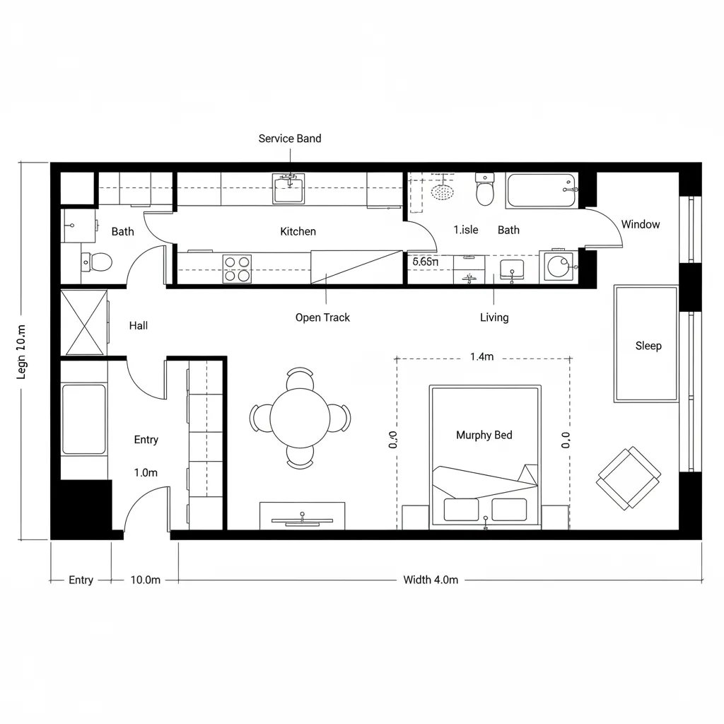 Interior design drawing of small apartment floor layout featuring kitchen bathroom and a Murphy bed