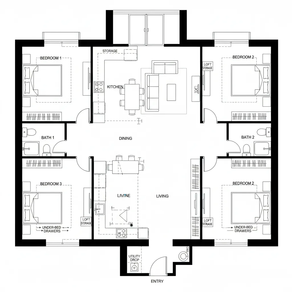 Symmetrical four bedroom apartment floor plan with central dining area kitchen and under bed storage drawers