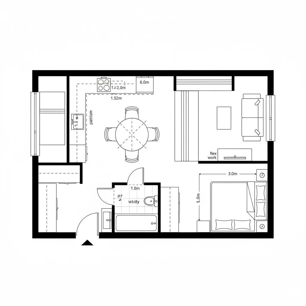 Top-down CAD plan of micro apartment split into social and retreat zones with soft gate