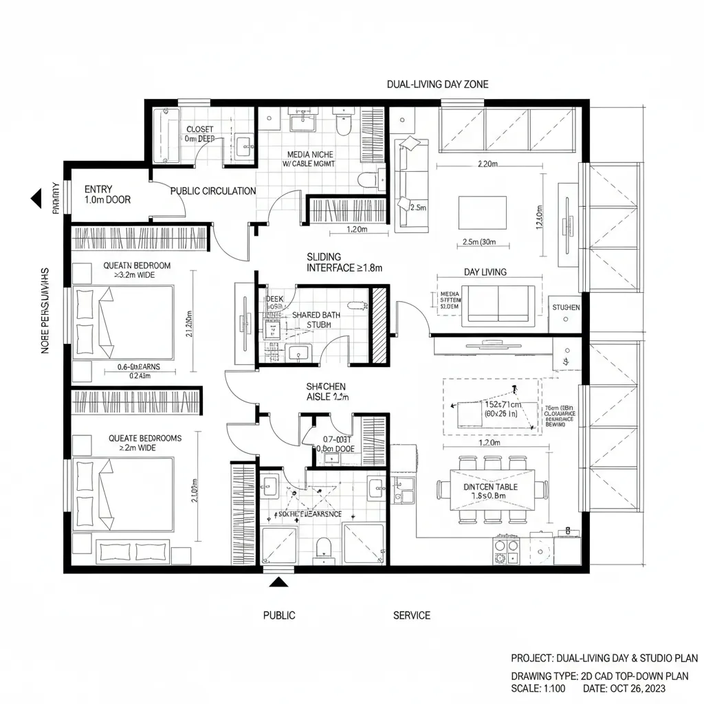 CAD plan of east-facing day living with sliding partition to pocket studio