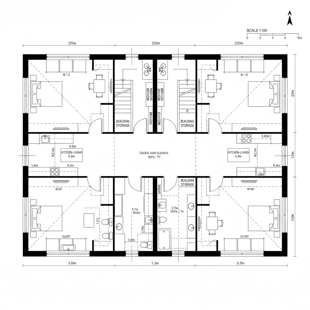 Top-down CAD floor plan of split masses with a central shared core serving six units