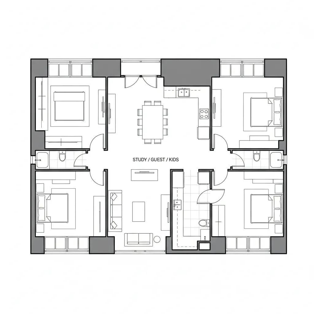 Floor plan drawing of a four bedroom apartment with central living room kitchen and three bathrooms