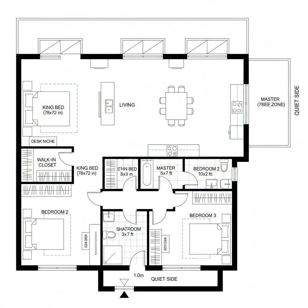 2D CAD plan showing master suite on quiet side and two secondary rooms near shared bathroom.