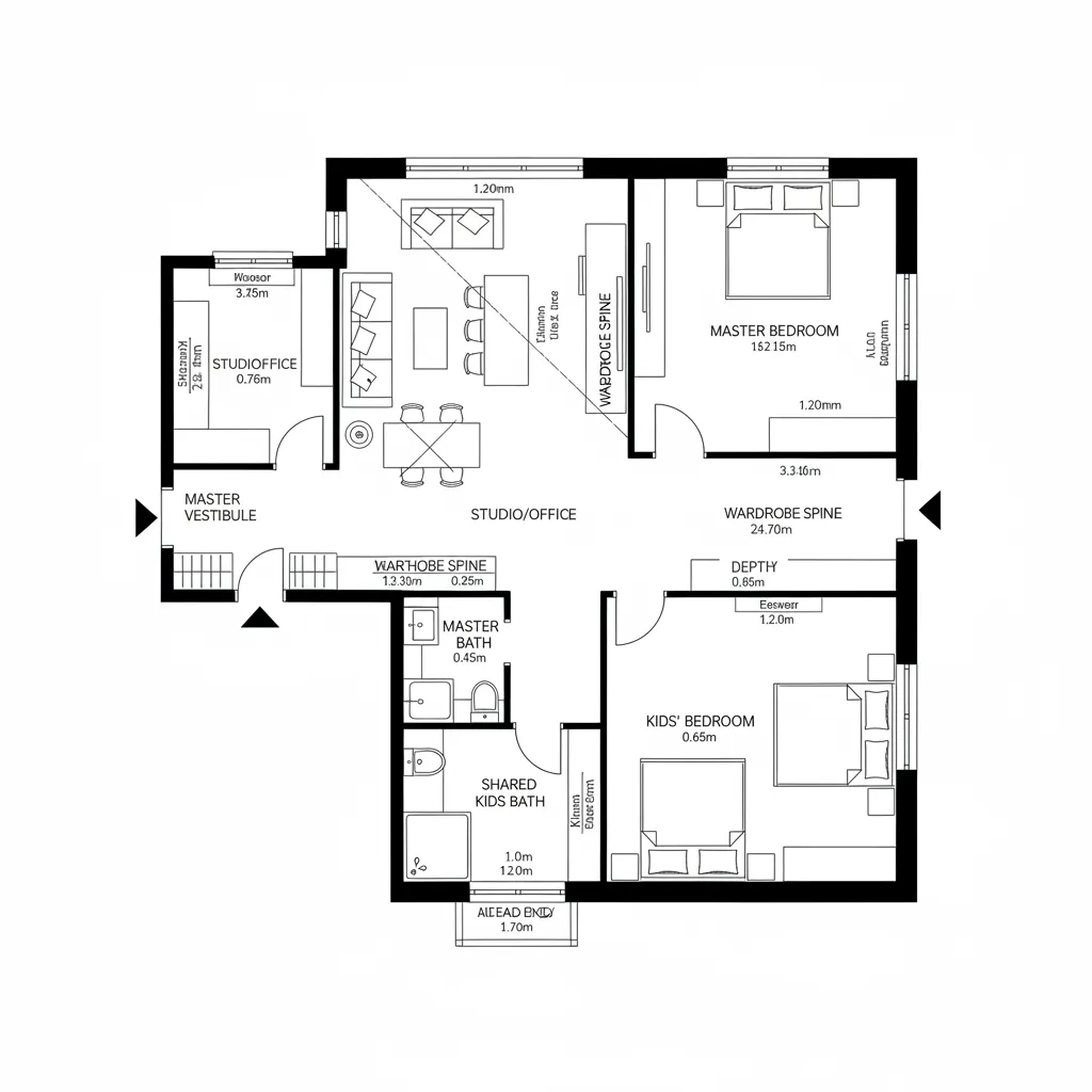 Interior design drawing showing a studio apartment layout with master bedroom, office, and two bathrooms