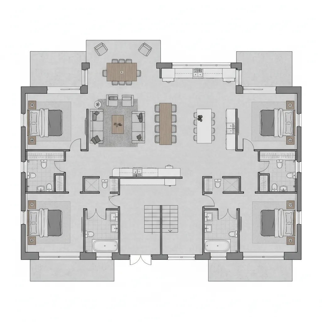 Split master suite layout showing bedrooms on opposite ends of a house plan