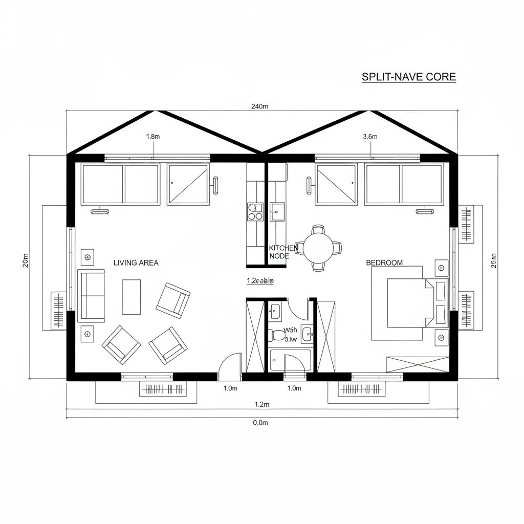Floor plan showing a living area with sofa and a bedroom with large bed and kitchen