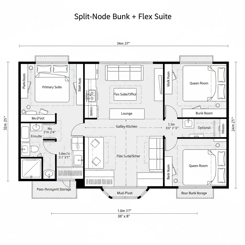 Top-down CAD floor plan showing front primary, mid flex suite, and rear bunks with a central galley spine