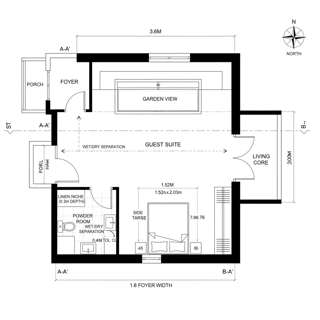 Detailed floor plan of a guest suite showing bed, garden view, foyer, and small bathroom