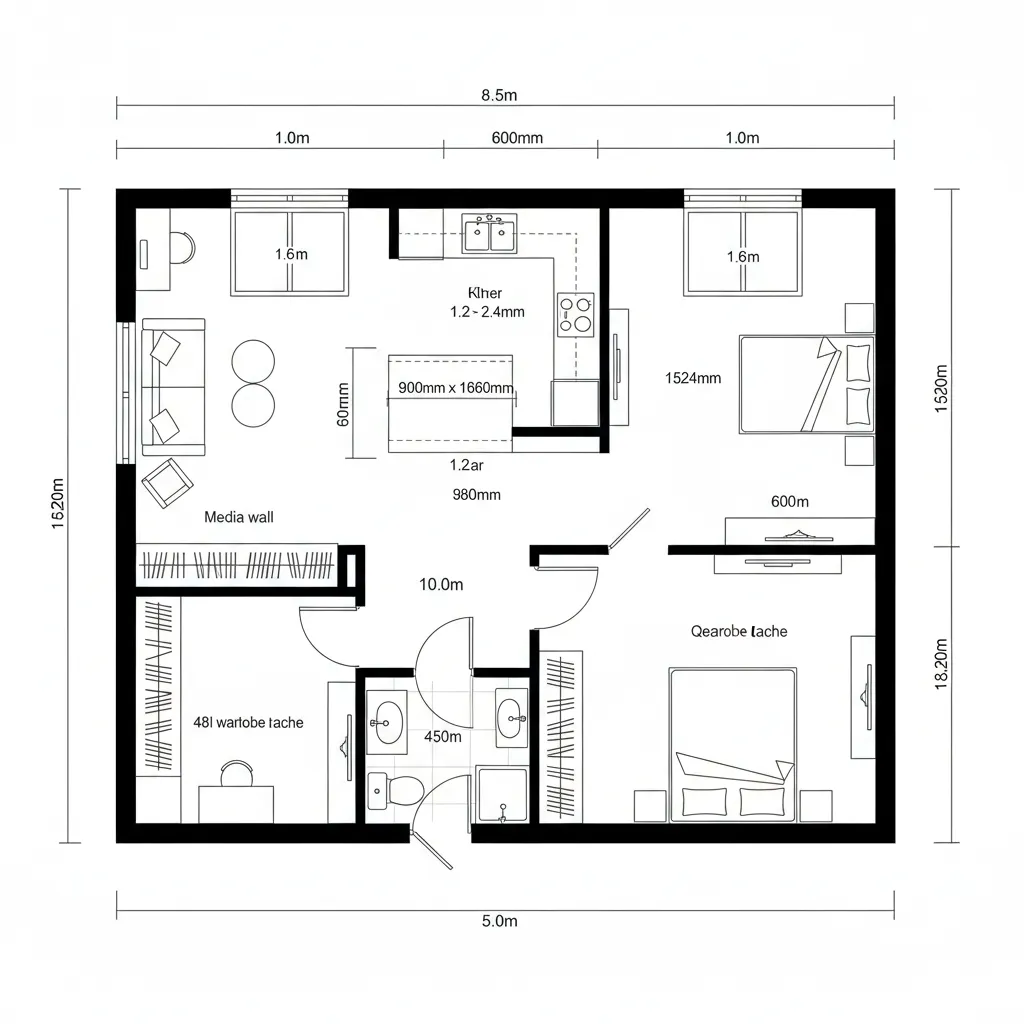Black and white floor plan for a one bedroom apartment with living room and kitchen