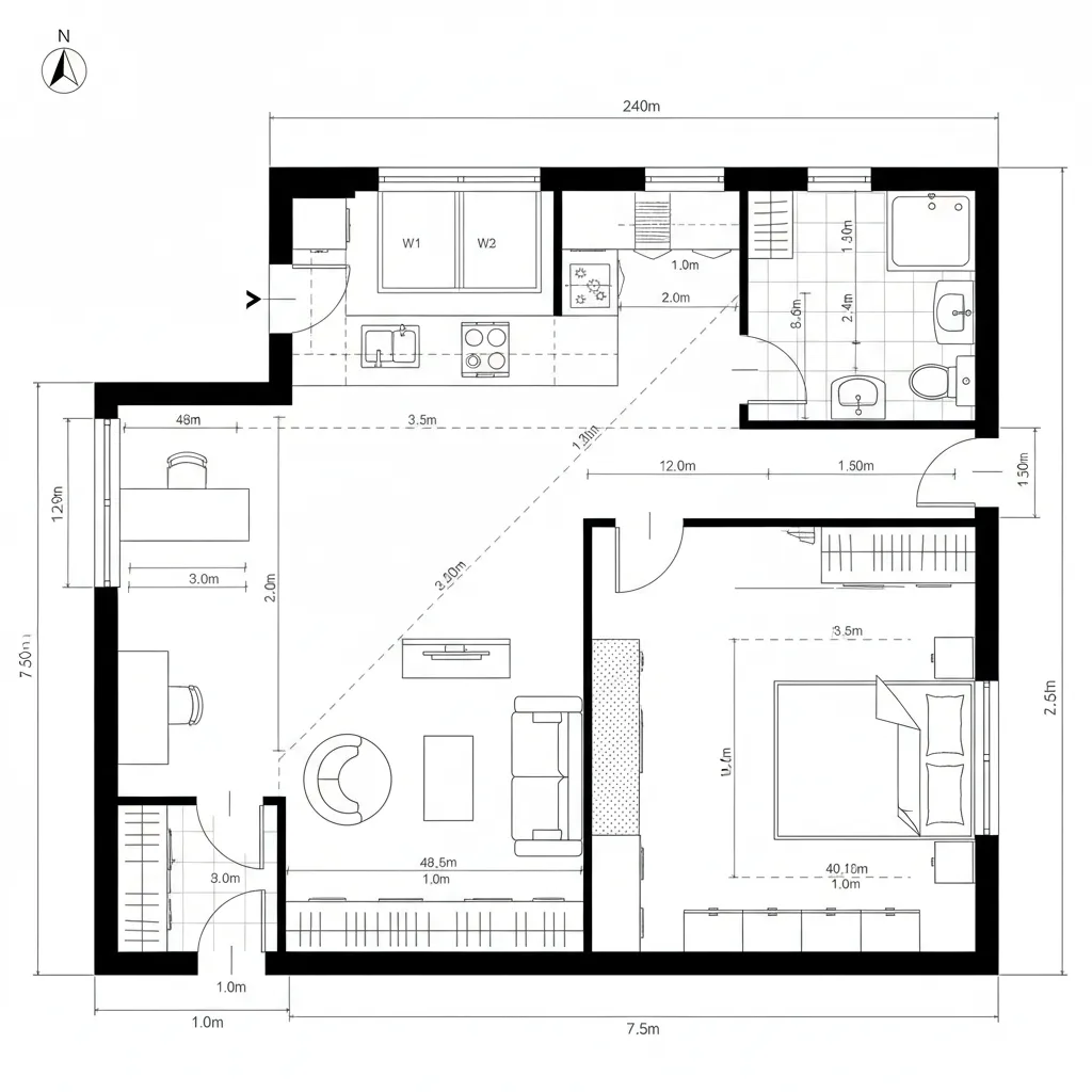 Detailed black and white room layout showing bedroom and living area with precise wall measurements