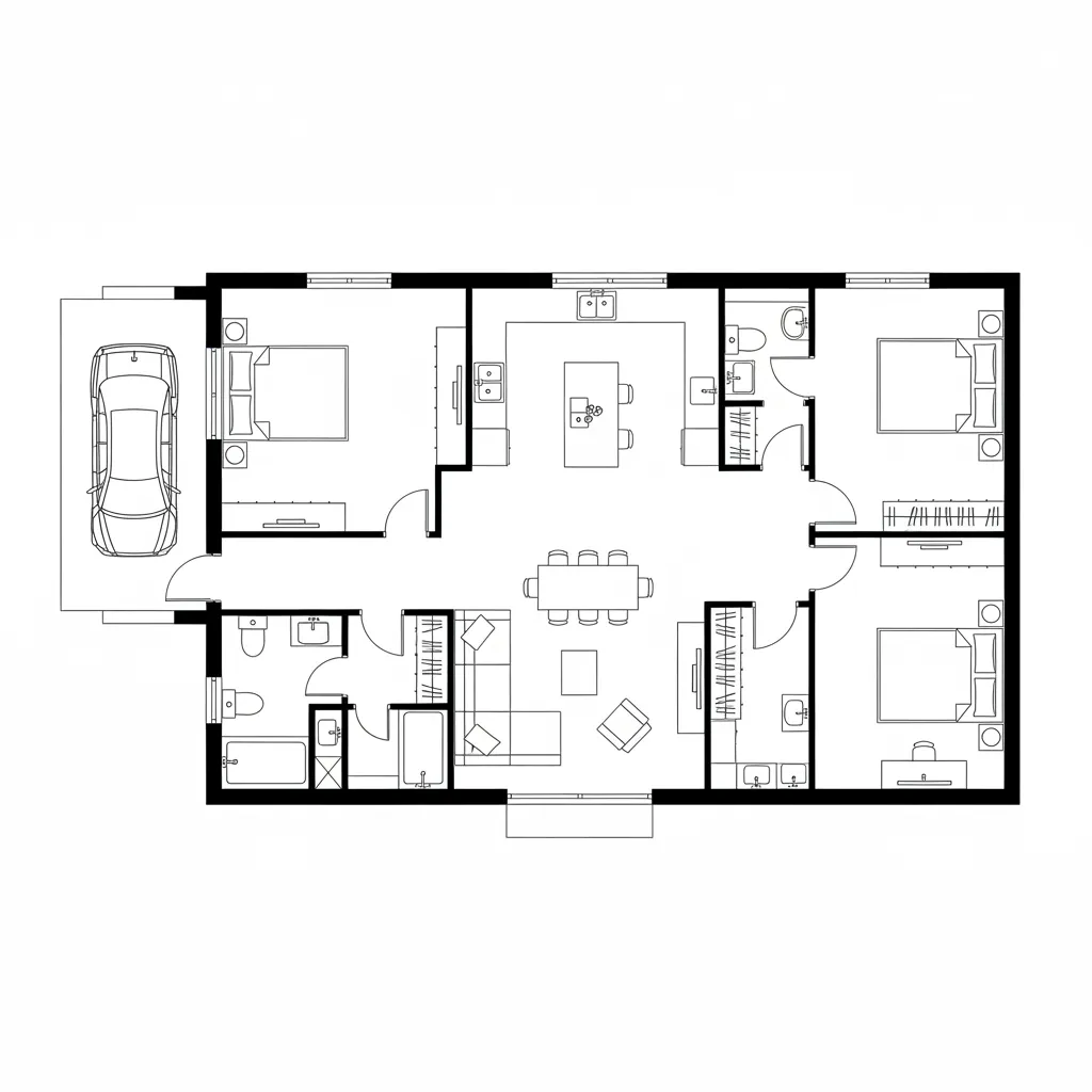 Spacious three bedroom house floor plan with attached car garage and open concept kitchen living room