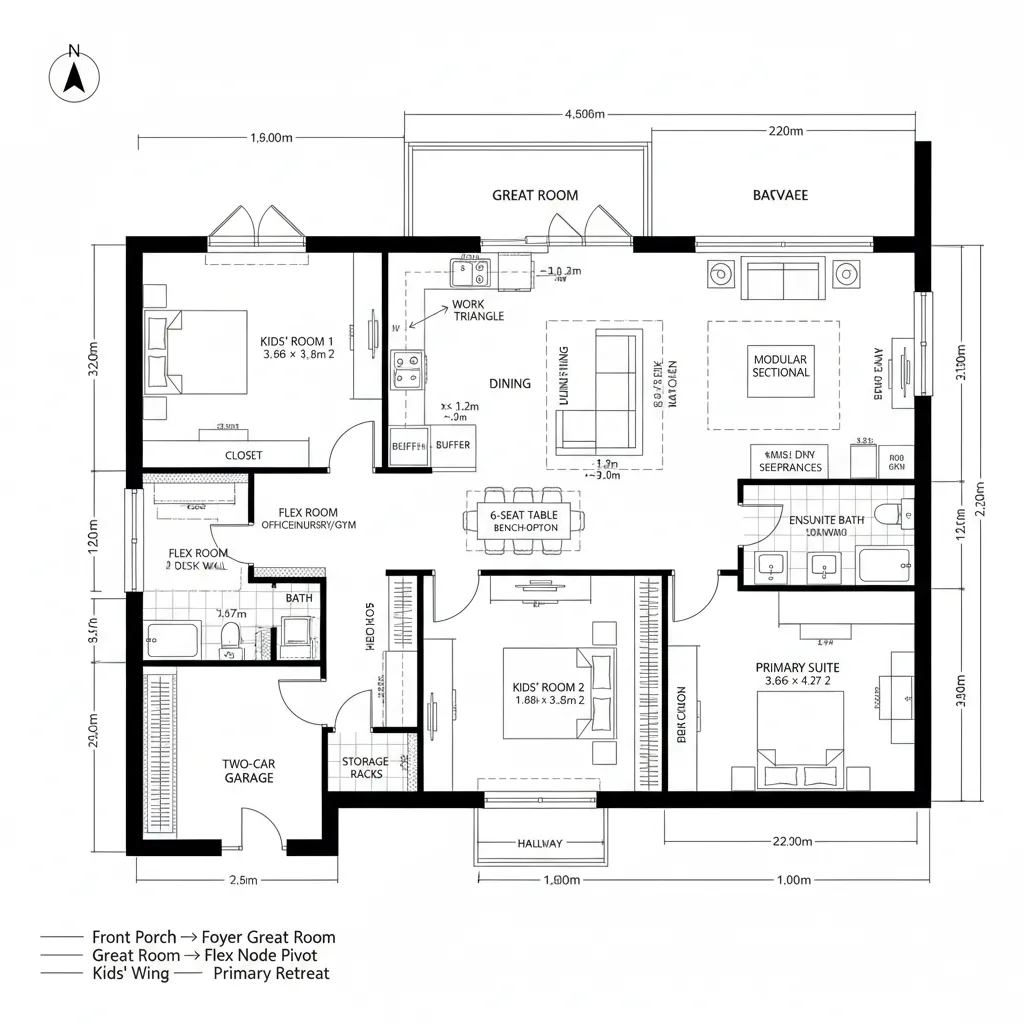 2D split-wing plan with isolated primary suite and a flex room node.