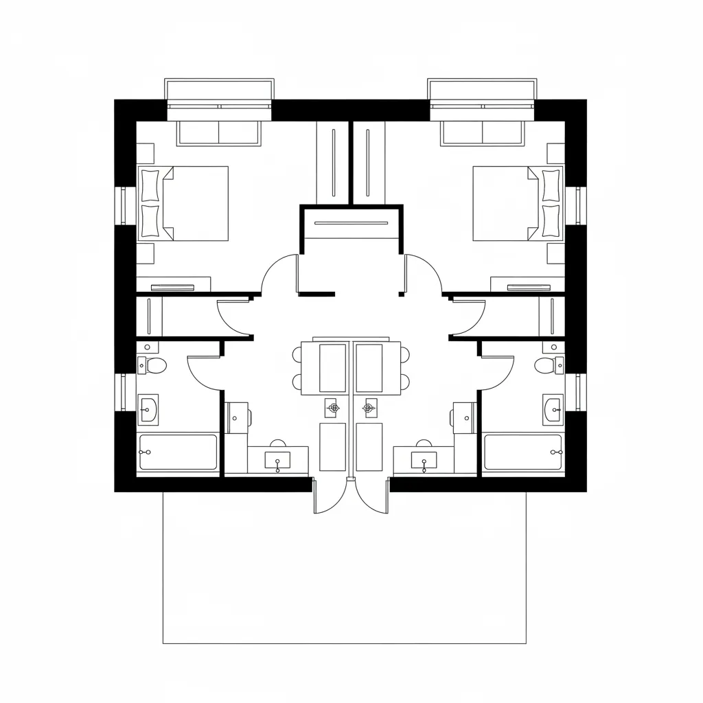 Black and white floor plan showing two symmetrical bedrooms with beds, bathrooms, and central hallway