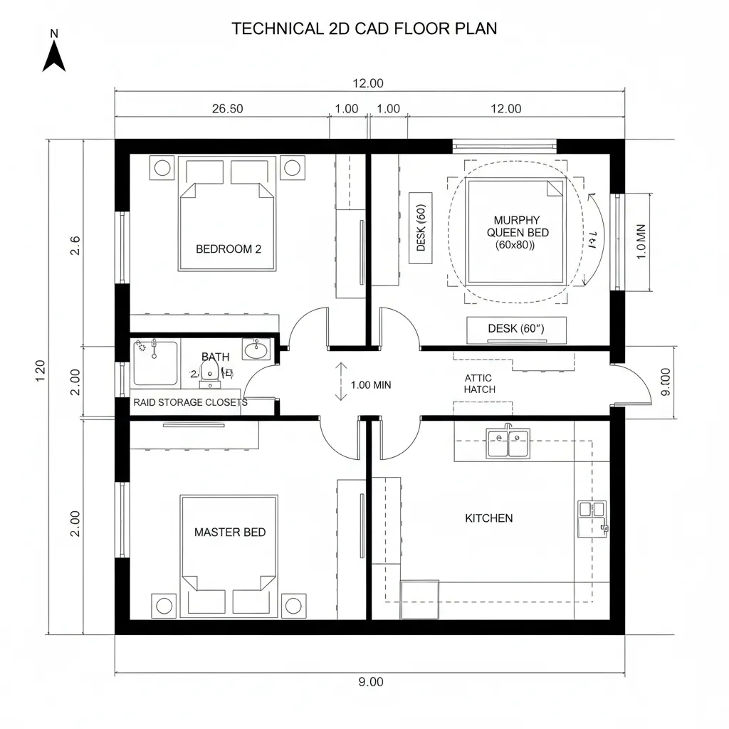 Interior design drawing showing three bedroom layout with kitchen bathroom and small attic hatch area