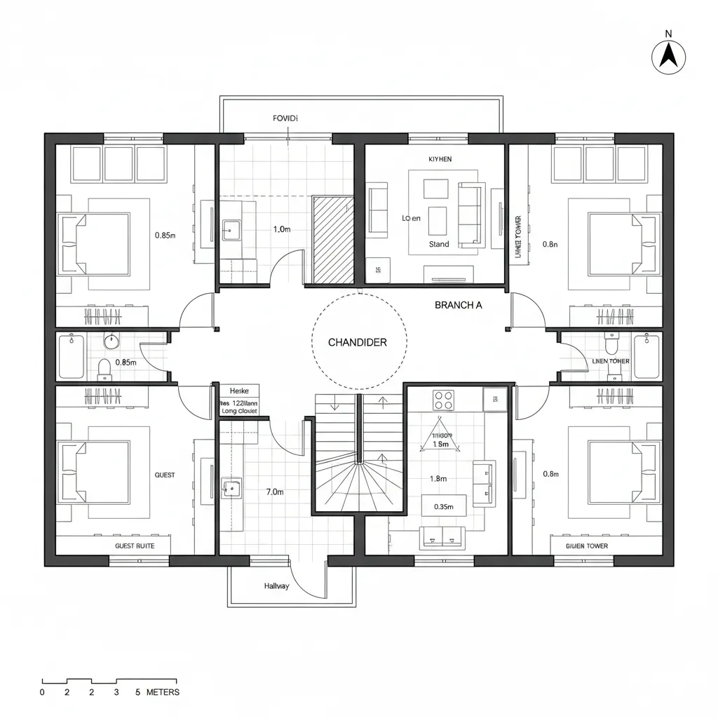 Top-down CAD plan showing a double-height foyer with split landing serving family and quiet cores