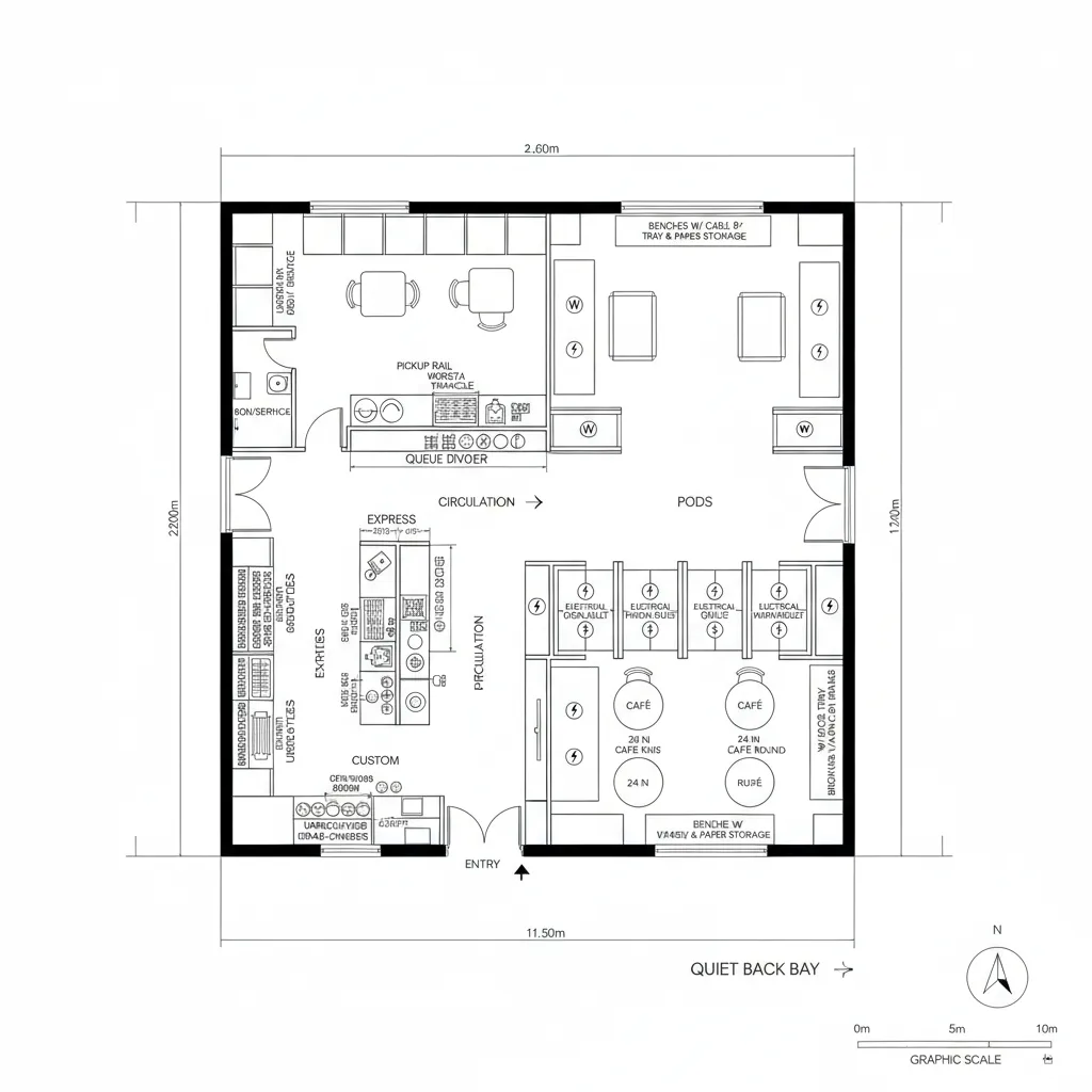 Interior design drawing for a cafe room layout with entry, pickup rail, and pods areas