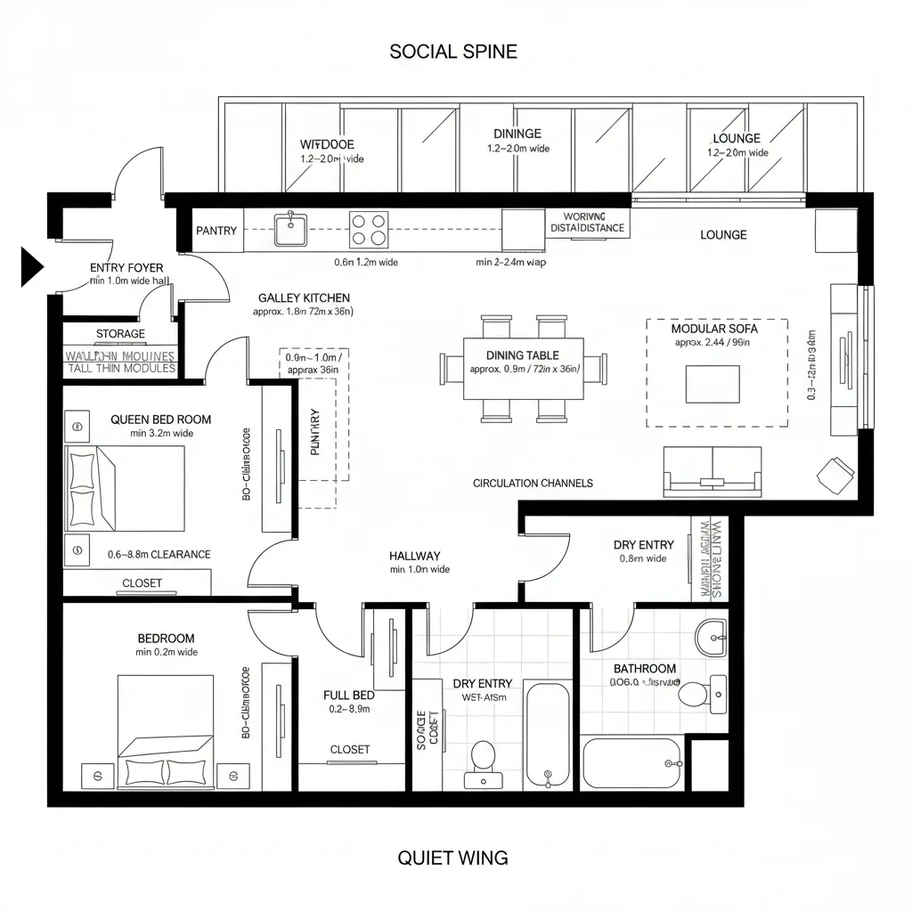 Detailed apartment room layout showing open kitchen dining area and two bedrooms with labeled furniture pieces