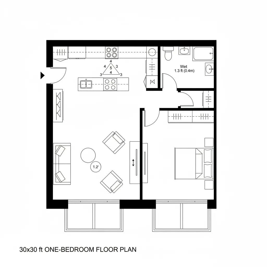 Top-down CAD plan with wet core and large sliding partition