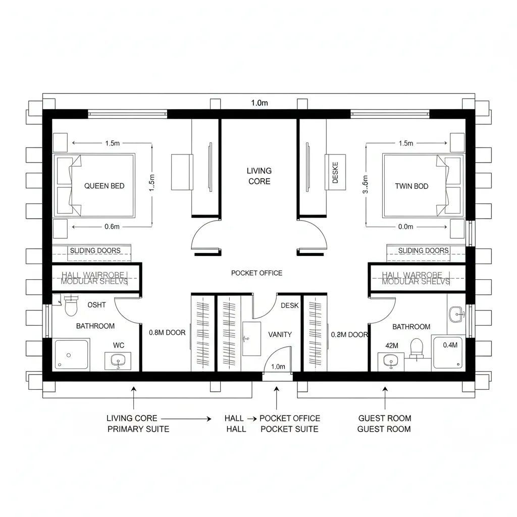 Top-down CAD plan of split bedrooms with hall wardrobes and pocket office