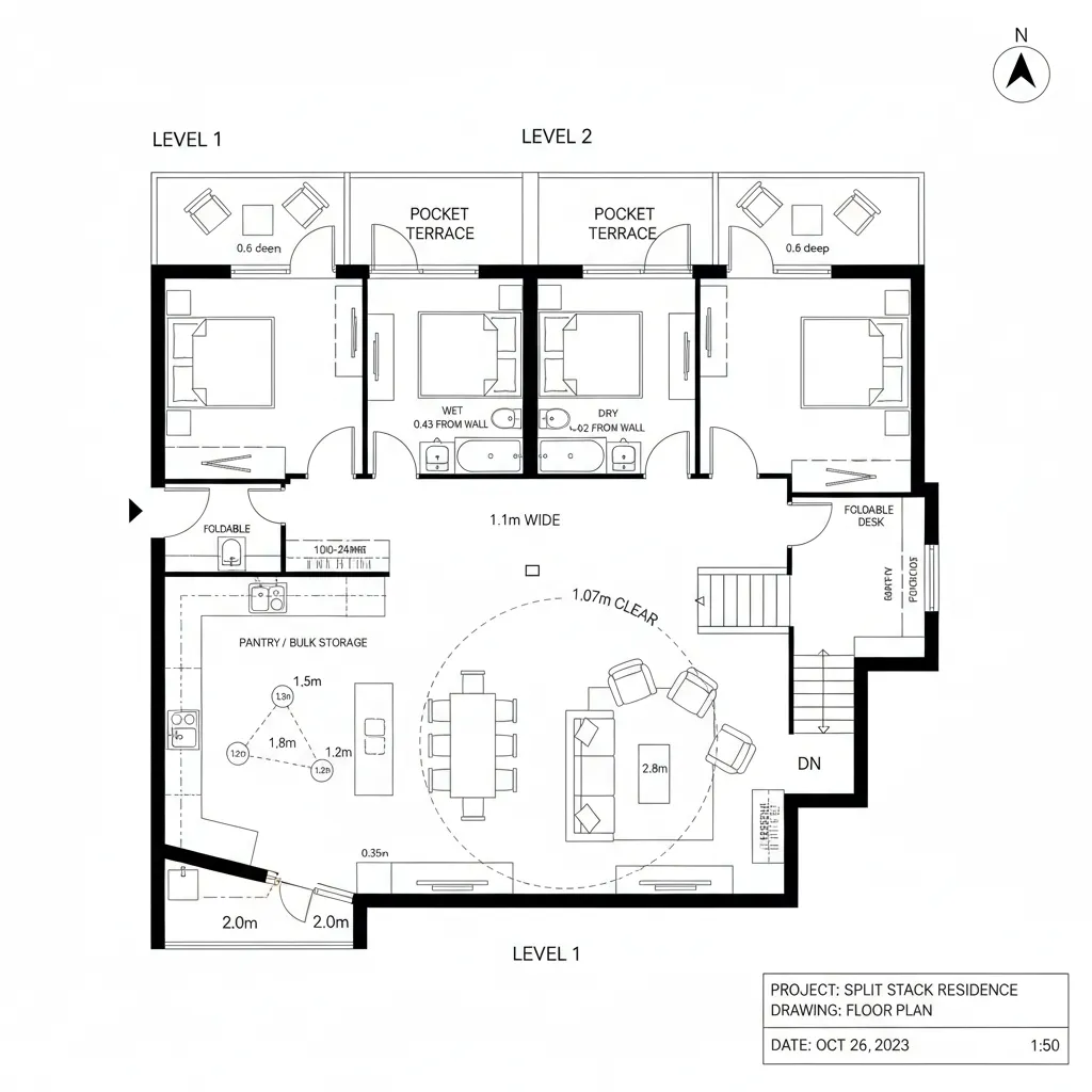Split Social Stack: Lower Great Room + Upper Pocket Terraces