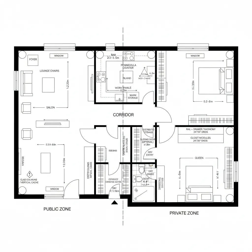 Split-Span Layout—Negotiation Suite + Domestic Kernel