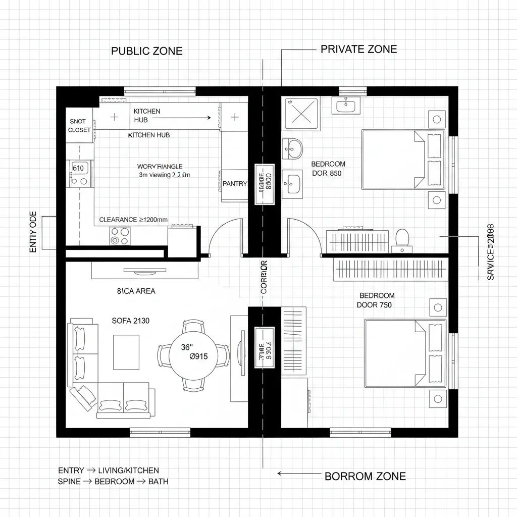 1 Bedroom Apt Floor Plans – Split Spine