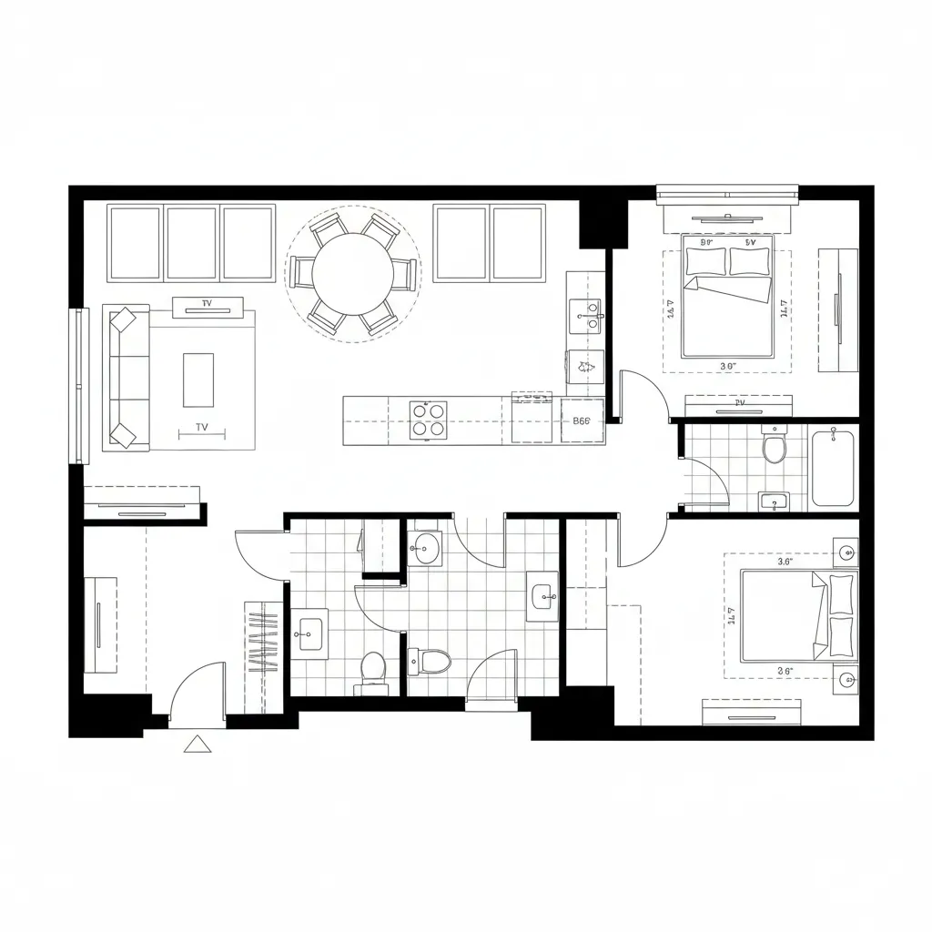 Black and white floor plan drawing showing two bedrooms two bathrooms kitchen and open living area