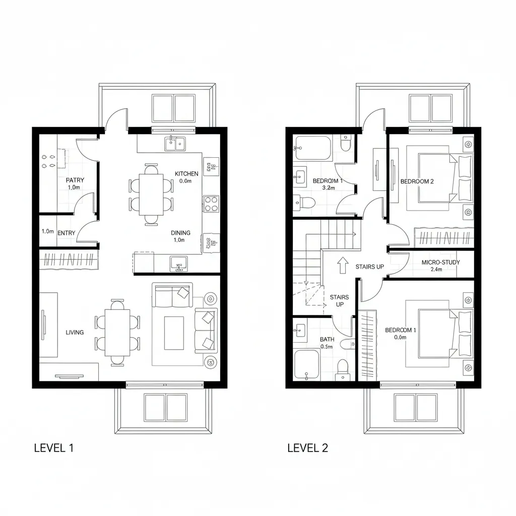 Top-down CAD plan of split-stack social core and quiet loft