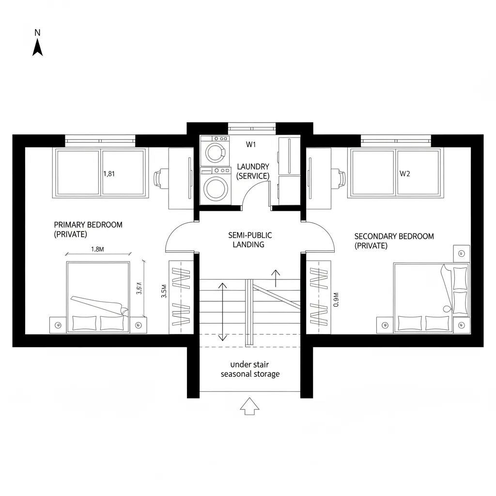 Split-Stack Landing with Two Beds + Pocket Laundry